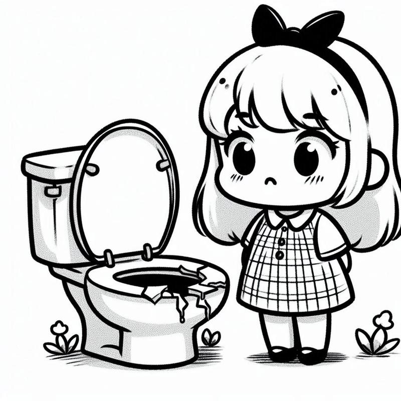 壊れたトイレを見て困っている女の子