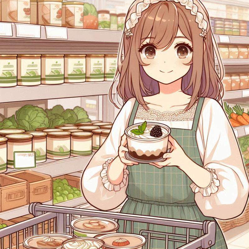 スーパーでプリンを買っている主婦