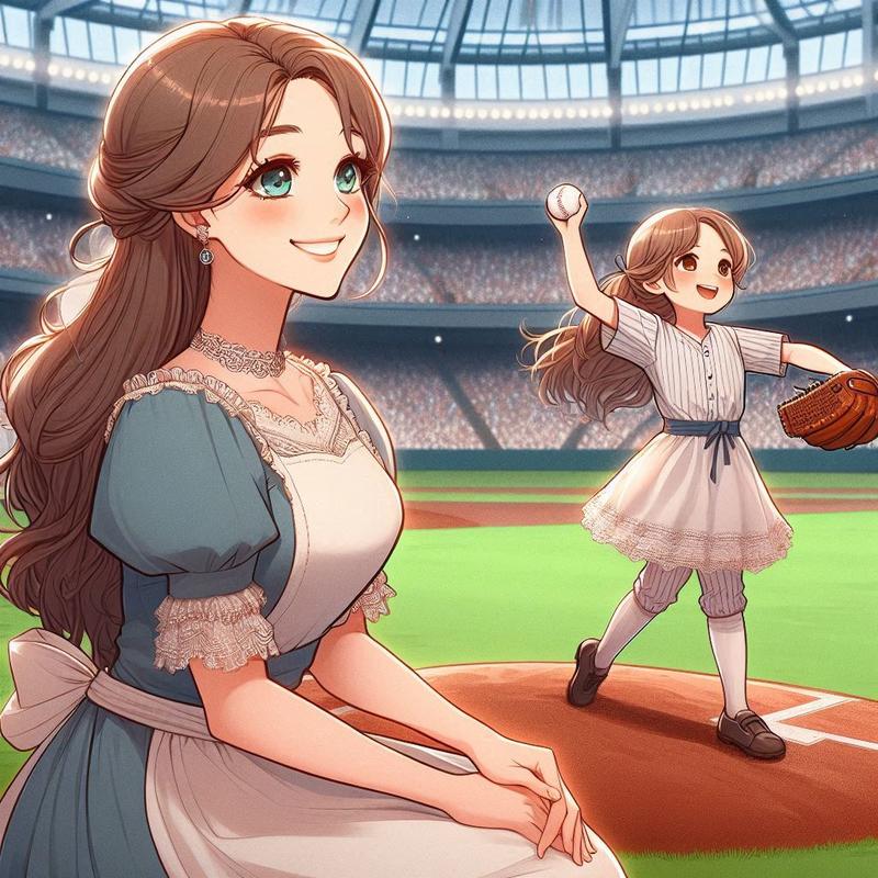 娘の始球式を見ている母親