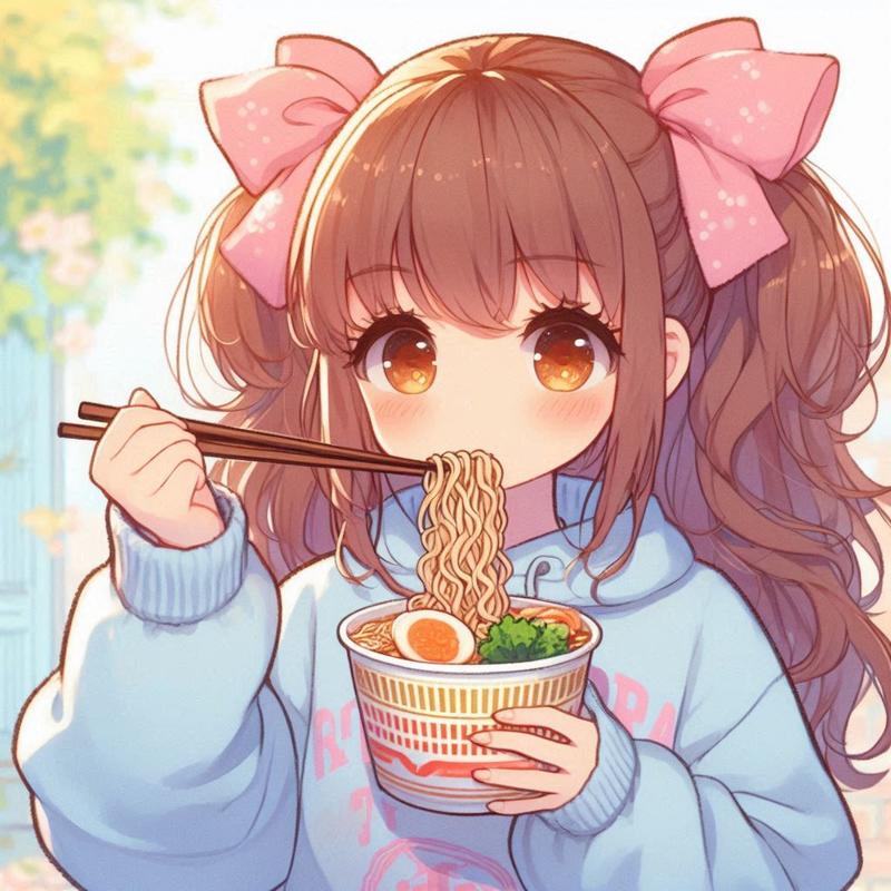 カップラーメンを美味しそうに食べている