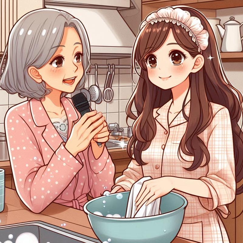 パジャマを着て食器洗いをしている私にインタビュー